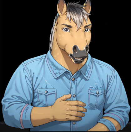 score_9, score_8_up, score_8, detailed, taigher_style, solo, male, anthro, horse, black eyes, blue shirt, jeans, look at you ((full black background))