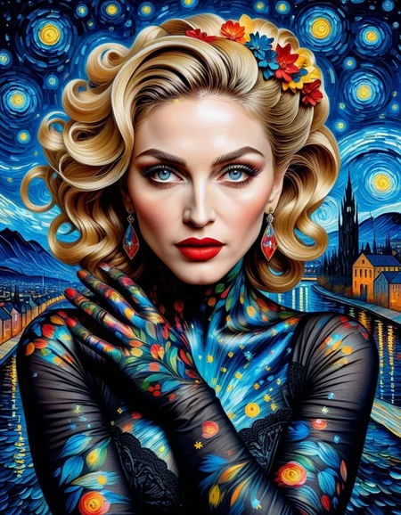 A striking, pop art-inspired portrait of the legendary singer Madonna, reimagined and transformed into a vibrant, vivid interpretation of Vincent Van Gogh's iconic style. The icon boasts long, blond hair styled into an elegant updo, and she wears a flowing gown adorned with bold, colorful swirling patterns that mirror the artist's distinctive brushstrokes. Elongated, ornate gloves accentuate her graceful hands, adding to the overall allure of this fashionable and conceptually thought-provoking piece. The mesmerizing starry night sky provides a backdrop, with the silhouette of a cityscape adding depth and dimension. This captivating illustration, which blends vibrant colors and bold design elements, is a truly unique and eye-catching piece of conceptual art, merging fashion and concept in a truly innovative way., fashion, conceptual art, illustration, painting, vibrant(glass painting,oil painting,digital art)   <lora:luxart:1>
