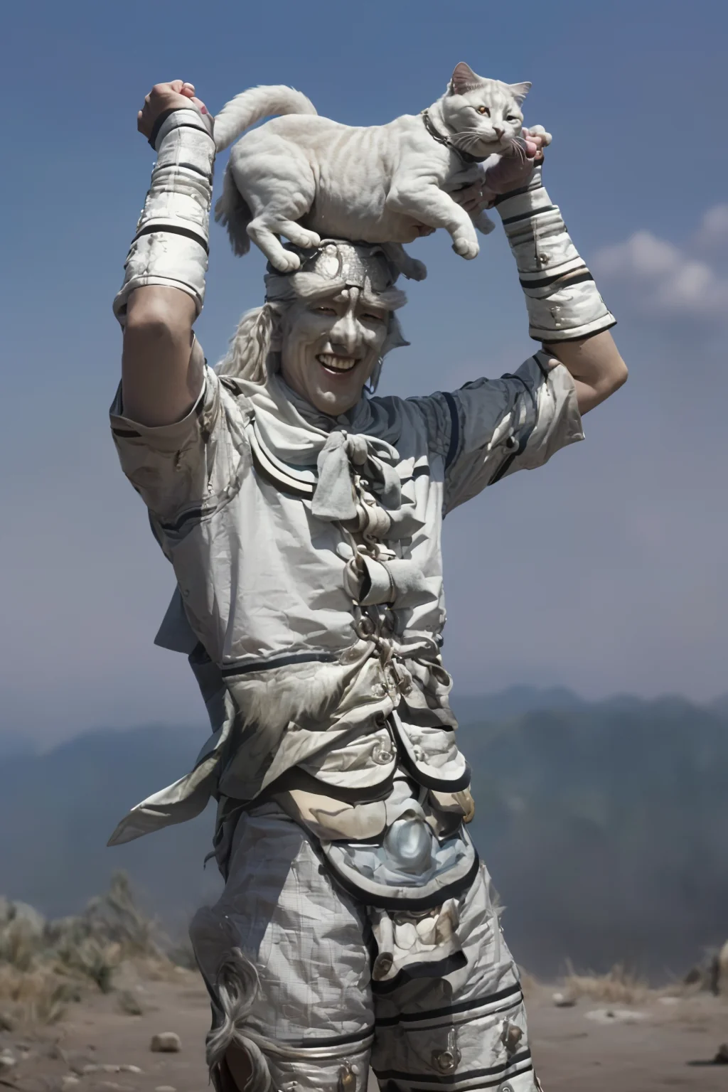 dw13sliver,man,(ultra high quality,photorealistic, realistic, best quality, photo-realistic) ,(8k,raw photo,masterpiece),(photon mapping,radiosity,physics based rendering,automatic white balance), holding cat,arms up, hand up, smile
