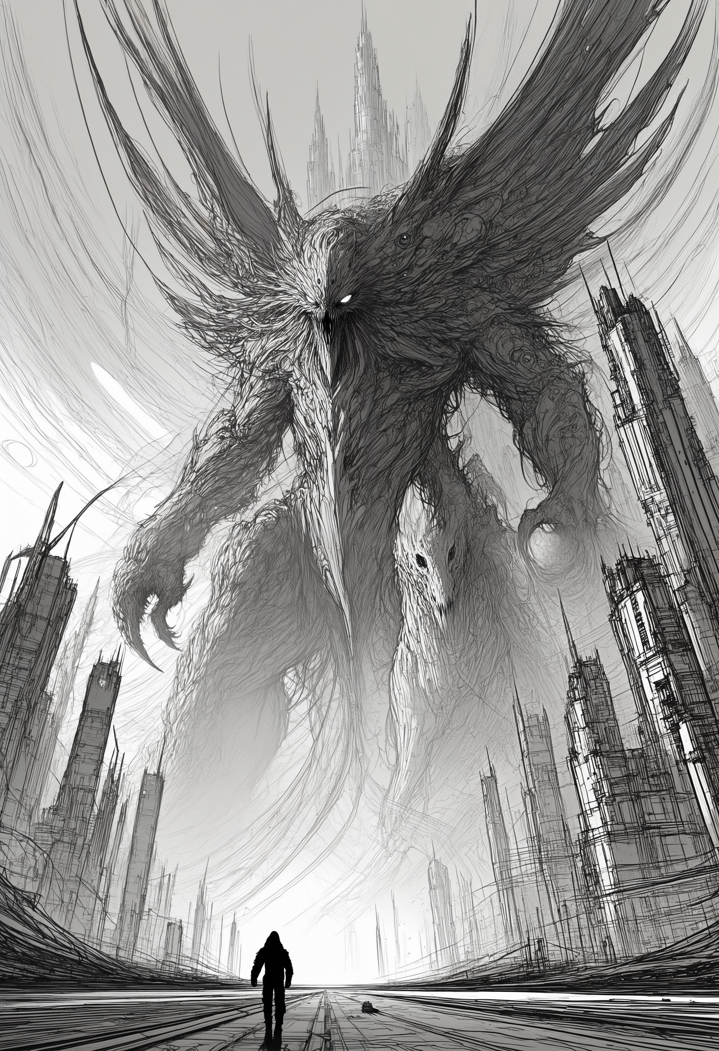 rough sketch, messy lineart, monochromatic, flat color, giant monster, claws, wings, black eyes, sharp teeth, eldritch style, skyline, sci-fi city, gigantic buildings, in outer space, black hole, black background