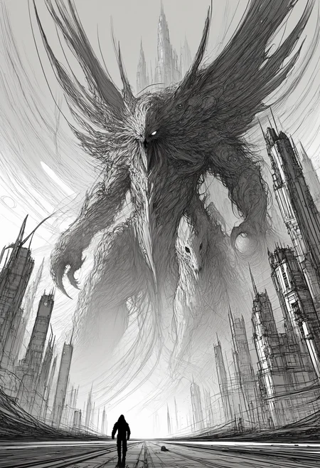 rough sketch, messy lineart, monochromatic, flat color, giant monster, claws, wings, black eyes, sharp teeth, eldritch style, skyline, sci-fi city, gigantic buildings, in outer space, black hole, black background