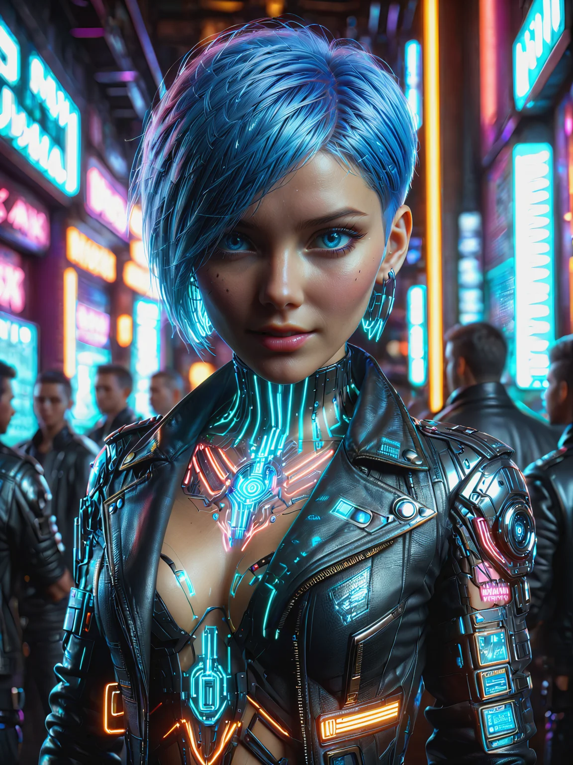 woman, mad-neonbody, cyberpunk, leather jacket, crowded bar, depth of field, neon light, platinum pixie cut, (blue eyes:1.2), light smile, (facing viewer:1.2) <lora:Neon_Cyberpunk_Neon_Body_SDXL:1>, raw photo, film grain, (photorealistic, realistic:1.2), deep shadow, 8k, uhd, dslr, ultra high res
