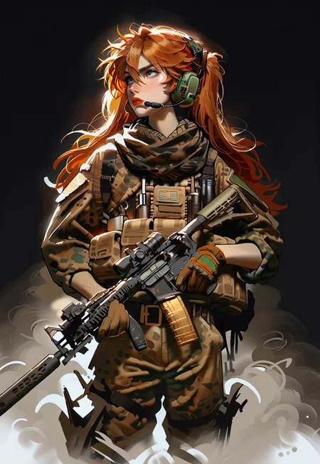safe_pos, score_9, score_8_up, score_7_up, score_6_up, asuka langley soryu, source anime, 2d animation, gloves, military, military goggles around neck, headset, camouflage, load bearing vest, sling,wearing epTactical, slim pants, cleavage, blue eyes, medium breasts, standing, ho1ding-weap0n, stand confidently, red lipstick, thighs, ho1ding-weap0n, holding rifle, AK-47, simple background