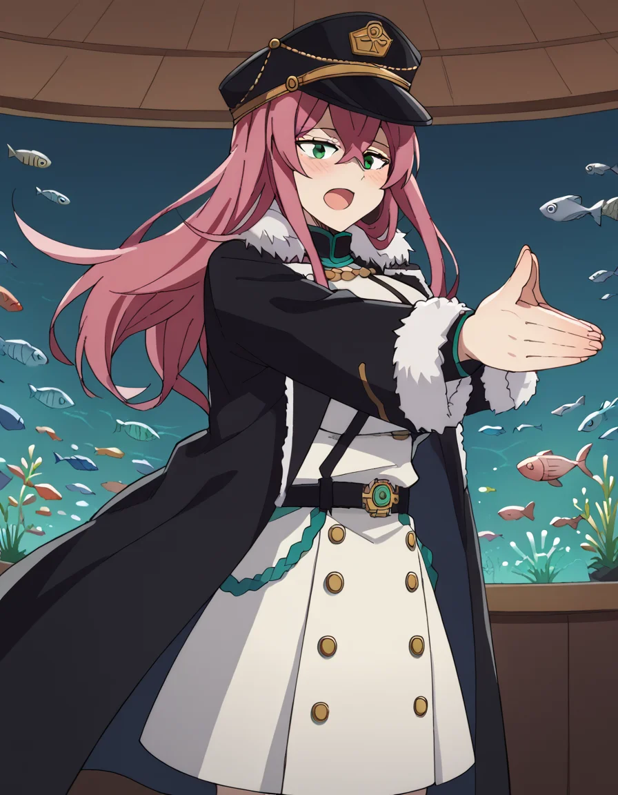 score_9, score_8_up, score_7_up, source_anime, <lora:princia-funnybunny-movie-ponyxl-lora-nochekaiser_r1:1>, princia funnybunny, long hair, green eyes, pink hair, red hair, crossed bangs, sidelocks, hat, jacket, belt, uniform, fur trim, military, military uniform, peaked cap, large breasts,, closet, clothes, shelves, hangers, storage, smile, <lora:sakana-ponyxl-lora-nochekaiser:1> sakana, sakana~ (meme), meme, aquarium, standing on one leg, palms together, fish tank, own hands together, standing, outstretched arms, closed eyes, blush, open mouth,, looking at viewer, solo,, dutch angle, cowboy shot