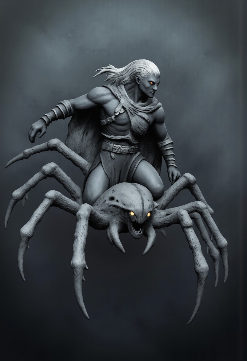 aidmaMJ6.1, Made out of paper, a PaperStyle , d4artstyle, d4concept, , d00mstyle, made of clay, ZBClay model of a gray sculpture
A fearsome drider creature with the upper body of a dark elf warrior and the lower body of a giant spider. The humanoid torso is adorned in sleek, dark armor, with long white hair flowing from its head. The expression is fierce, with sharp features and glowing eyes that convey a sense of malevolence and cunning. In one hand, it wields a gleaming sword, ready for battle. The spider half features a large, bulbous abdomen and eight segmented legs ending in sharp points, each limb covered in coarse bristles, giving it a predatory appearance. The blend of humanoid and arachnid traits evokes a sense of both beauty and horror, emphasizing the creature's dual nature as a warrior and monster.
Background solid color with a faded dimly lit, fog-covered darkness tone that emphasizes its silhouette. 
 The medium is not a traditional painting or illustrative medium like watercolor or ink but rather a digital rendering, eerie and unsettling.