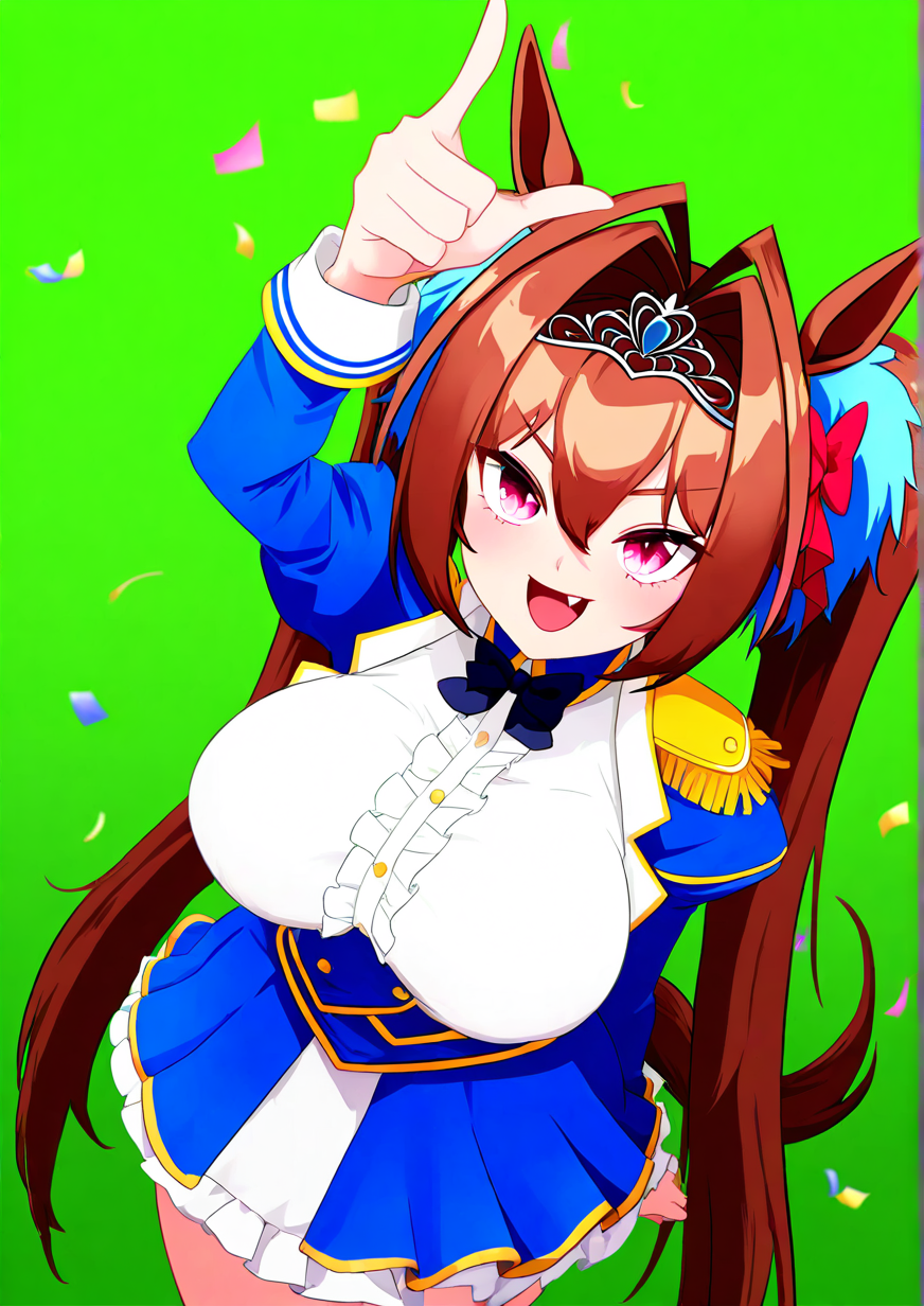 <lora:MaWe:1>,1girl, daiwa scarlet (umamusume), huge breasts, wide hips, umamusume, :d, animal ears, arm up, blue jacket, blue skirt, breasts, brown hair, center frills, confetti, epaulettes, fang, frilled skirt, frills, from above, gradient background, green background, hair between eyes, hair intakes, horse ears, horse girl, horse tail, jacket, juliet sleeves, long hair, long sleeves, looking at viewer, looking up, open mouth, puffy sleeves, purple eyes, shirt, skirt, smile, solo, tail, tiara, twintails, very long hair, white shirt, 
animated, dynamic angle,very awa, masterpiece, best quality, highres, absurdes,amazing quality,very aesthetic,intricate details,detailed background, <lora:hand 5.5:1>