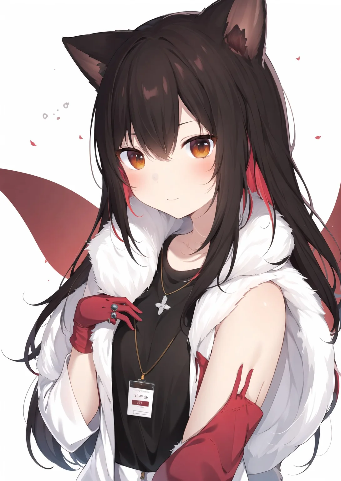1girl, texas (arknights), solo, shoulder strap, gloves, official alternate costume, black hair, animal ears, long hair, jacket, looking at viewer, wolf ears, white background, shirt, red gloves, red hair, upper body, long sleeves, simple background, open clothes, multicolored hair, white jacket, hair between eyes, black shirt, closed mouth, open jacket, id card, brown eyes, fur trim, bangs, hand up, necklace, jewelry, colored inner hair, animal ear fluff, wide sleeves, two-tone hair

<lora:amaki_natsuki-loha-v1.0:0.7>, (masterpiece,best quality)