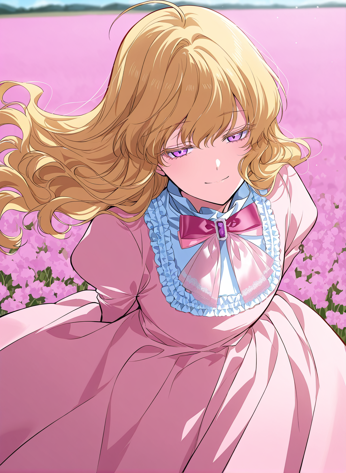 <lora:Heresy_Inquisitor_Female__SSS_Class_Suicide_Hunter__Illustrious:1>
1 girl, solo, long hair, wavy hair, blonde hair, ahoge, purple eyes, 
pink puffy long dress, pink bow on chest, long sleeves, white gloves,
score_9, score_8_up, score_7_up, very aesthetic, source_anime, detailed, high quality, beautiful, masterpiece, detailed eyes, field, blurry background, pose dynamic angle, upper body, cowboy shot, light smile, floating hair, half-closed eyes, hands behind back, leaning forward, looking forward, looking at viewer