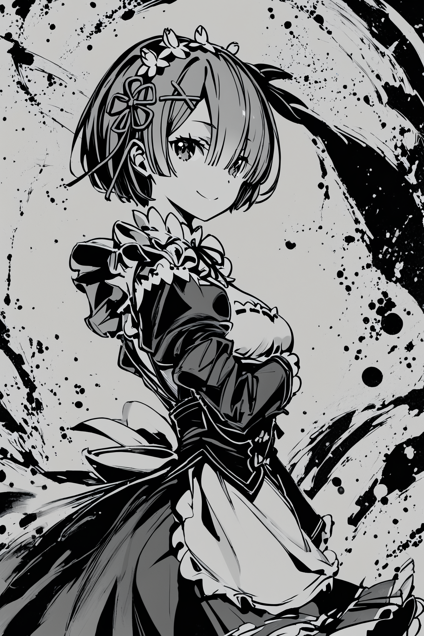 score_9,score_8_up,score_7_up,masterpiece,best quality,
ink \(medium\),(monochrome,greyscale:1.5),1girl,solo,rem (re:zero),x hair ornament,short hair,hair ornament,maid,looking at viewer,ribbon,maid headdress,long sleeves,dress,roswaal mansion maid uniform,smile,hair ribbon,puffy sleeves,frills,apron,bangs,closed mouth,medium breasts,dress,juliet sleeves,cowboy shot,flower,hair between eyes,waist apron,
<lora:okazu_XL_PONY:1>,