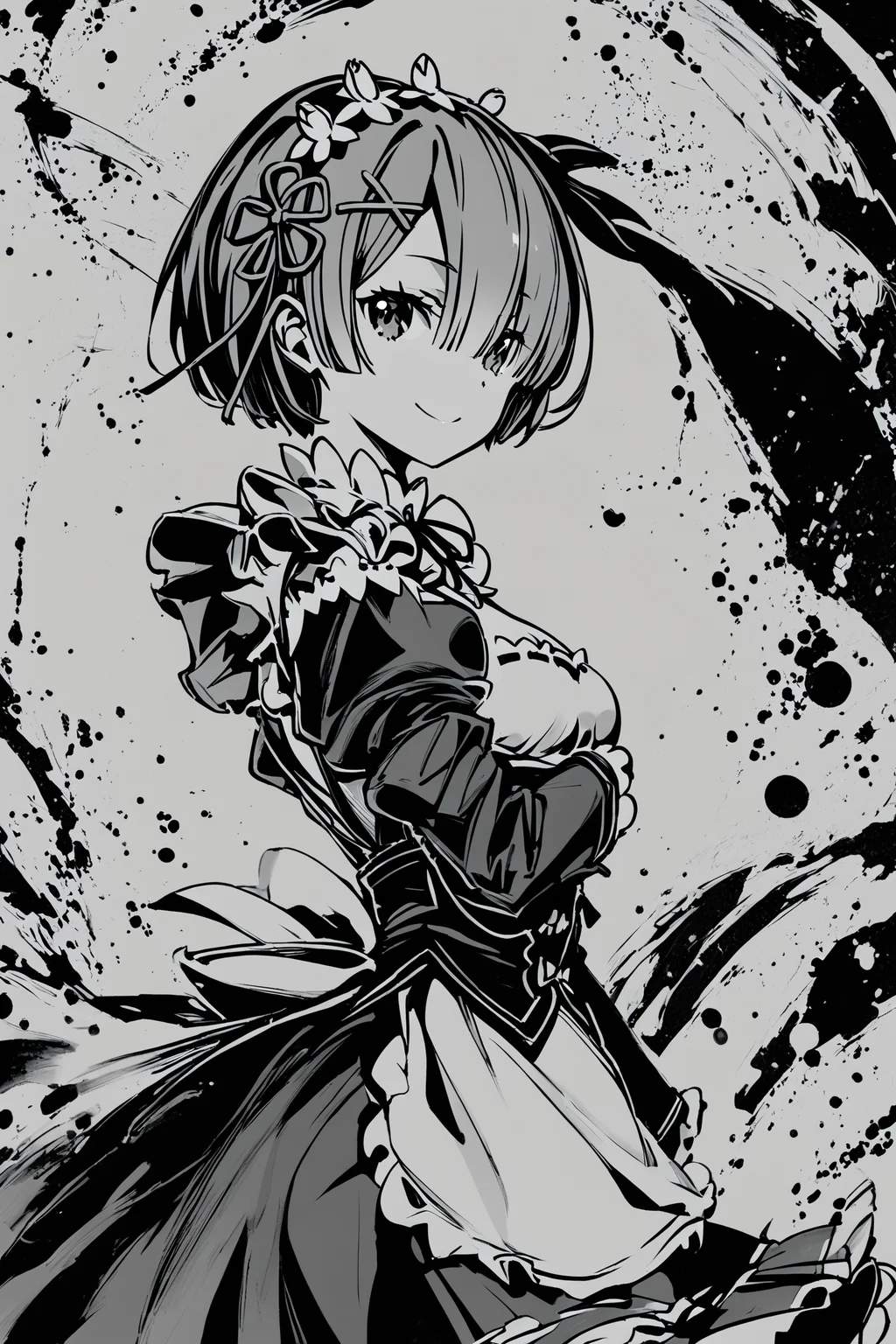 score_9,score_8_up,score_7_up,masterpiece,best quality,
ink \(medium\),(monochrome,greyscale:1.5),1girl,solo,rem (re:zero),x hair ornament,short hair,hair ornament,maid,looking at viewer,ribbon,maid headdress,long sleeves,dress,roswaal mansion maid uniform,smile,hair ribbon,puffy sleeves,frills,apron,bangs,closed mouth,medium breasts,dress,juliet sleeves,cowboy shot,flower,hair between eyes,waist apron,
<lora:okazu_XL_PONY:1>,