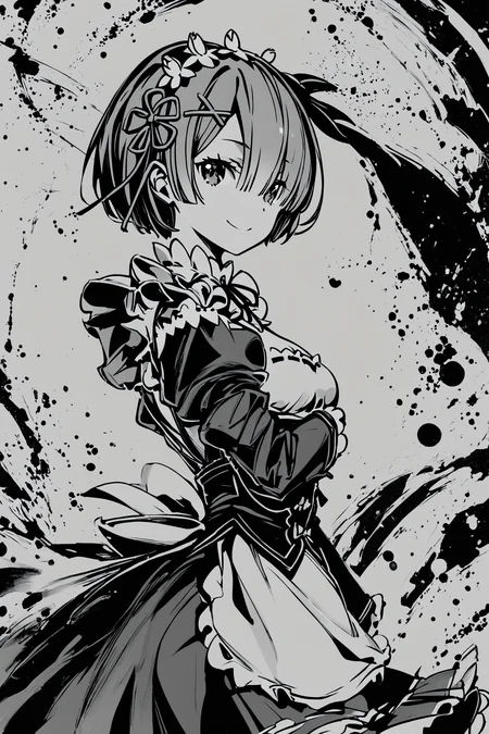 score_9,score_8_up,score_7_up,masterpiece,best quality,
ink \(medium\),(monochrome,greyscale:1.5),1girl,solo,rem (re:zero),x hair ornament,short hair,hair ornament,maid,looking at viewer,ribbon,maid headdress,long sleeves,dress,roswaal mansion maid uniform,smile,hair ribbon,puffy sleeves,frills,apron,bangs,closed mouth,medium breasts,dress,juliet sleeves,cowboy shot,flower,hair between eyes,waist apron,
<lora:okazu_XL_PONY:1>,