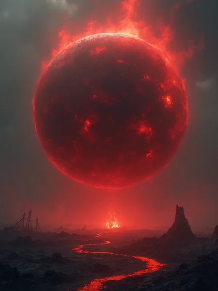 A massive, ominous red spirit bomb hovers menacingly above a desolate, charred landscape. Its dark, crimson aura pulses with a malevolent, otherworldly glow, casting eerie shadows across the ruined terrain. The bomb’s intense, blood-red light contrasts sharply with the surrounding darkness, creating a foreboding atmosphere of impending doom. Captured in a Photographic style with a 135mm lens, the image highlights the sinister details of the bomb’s glowing surface and the dramatic interplay of light and shadow, amplifying the sense of catastrophic energy.