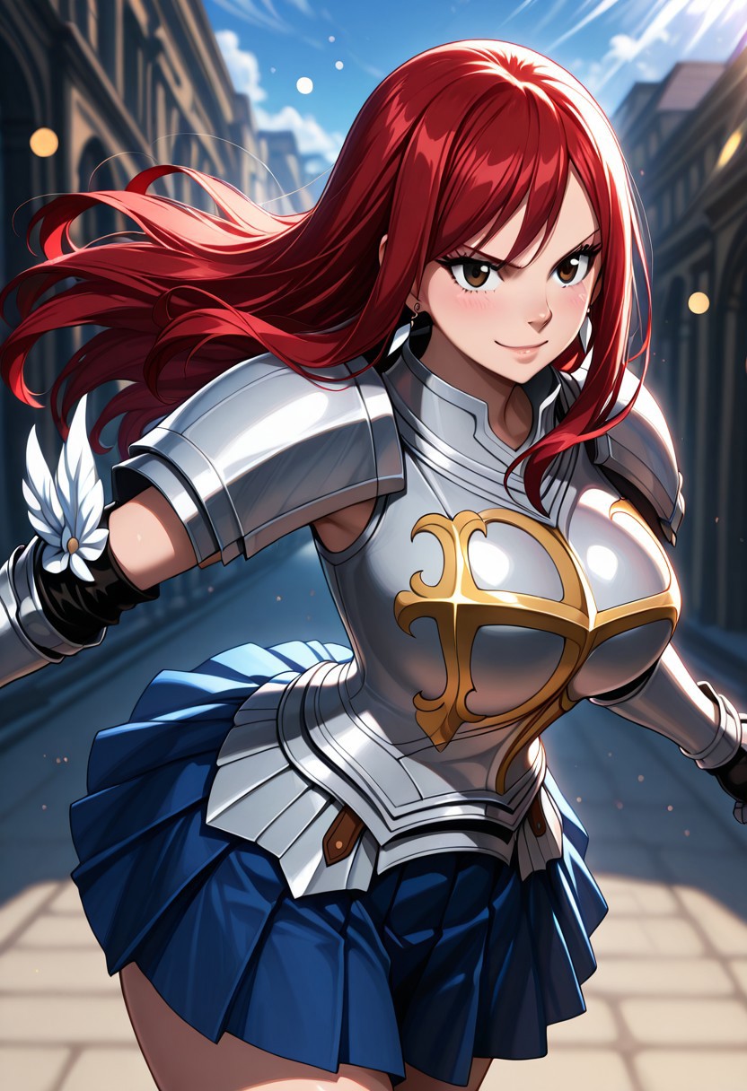masterpiece, best quality, amazing quality, dynamic view,  solo, dynamic view,  solo, 1girl, masterpiece, best quality, bokeh, luminescent background, 
(erzascarlet,,
 red hair, long hair, earring,  brown eyes, shoulder tattoo, fairy tail tattoo, large breasts,,
 armor, breastplate, gauntlets, pauldrons, shoulder armor, pleated skirt, blue skirt, khee boots, black boots, 
, ), 
portrait, happy