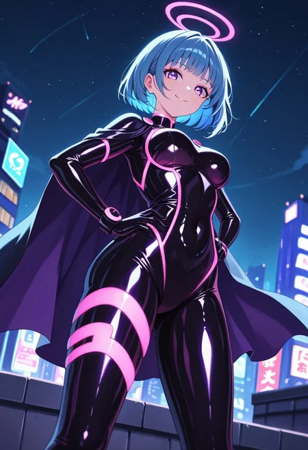 masterpiece, best quality, good quality, very aesthetic, absurdres, newest, 8K, depth of field, in the style of cknc, artist:moriimee, in the style of cksc,
1girl, short blue hair, bob cut, violet eyes, medium breasts, firm, tight spandex suit, cape flowing, glossy skin, standing on rooftop, hands on hips, confident smile, looking at viewer, from below
BREAK
city skyline, neon lights, night sky
BREAK
cool tones, high contrast, reflective surfaces, neon glow, rich details, heroic atmospher