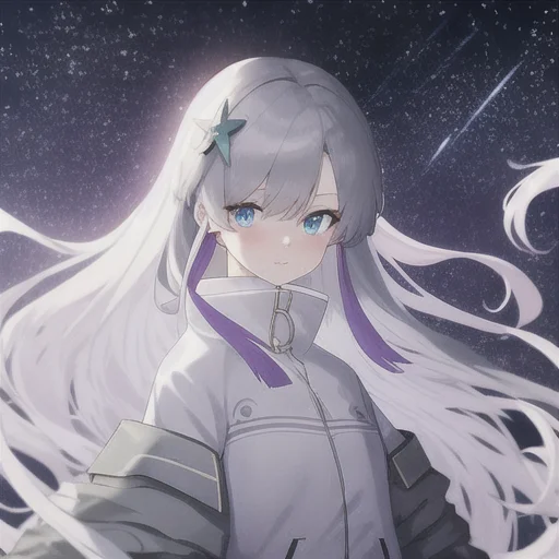 masterpiece, best quality, anime girl, Sekai, looking at viewer, modeling, {{{{{{masterpiece}}}}}}, white hair, blue eyes, star shaped hairclip