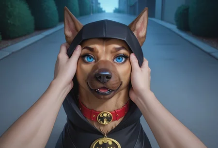 score_9, score_8_up, score_7_up, 2d, five fingers on the hand, 2girls, 2dog, score_explicit, source_furry, masterpiece, extremely detailed, outdoor, pavement, ((night)), looking at viewer, ((hand on head)), ((POV)), ((above view, )),
Superboy(/POV, 1boy, ((human, male)), faceless_male, standing,/),
Ace _Bat_Hound(/ girl, Ace _Bat_Hound, German Shepherd, batman helmet, black cloak, ((animal, feral, dog, canine)), Detailed eyes, perfect face, perfect eyes, open eyes, huge hips, voluptuous, dump-truck ass, butt heavy, huge butt, big eyes, makeup, eyeshadow, big eyelashes, black lipstick, red choker, mascara, blue eyes, canine face, , fangs, , dog muzzle, large dog,/),