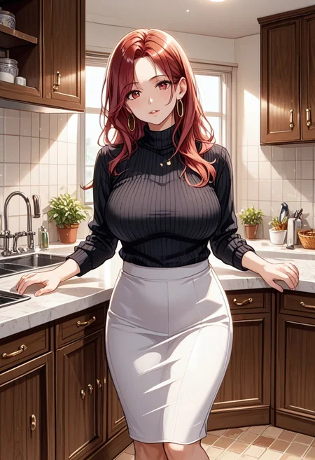 score_9, score_8_up, score_7_up, (masterpiece, detailed:1.2), (best quality:1.2), (High Resolution), (More Details), (8K), (High Resolution), female focus, sharp focus, newest, ultra-detailed, 1girl, solo, mature woman, milf, long hair, red hair, red eyes, large breasts, jewelry, earrings, sweater, turtleneck, hoop earrings, black sweater, white skirt, full body, various expressions, various poses, front view, kitchen, house