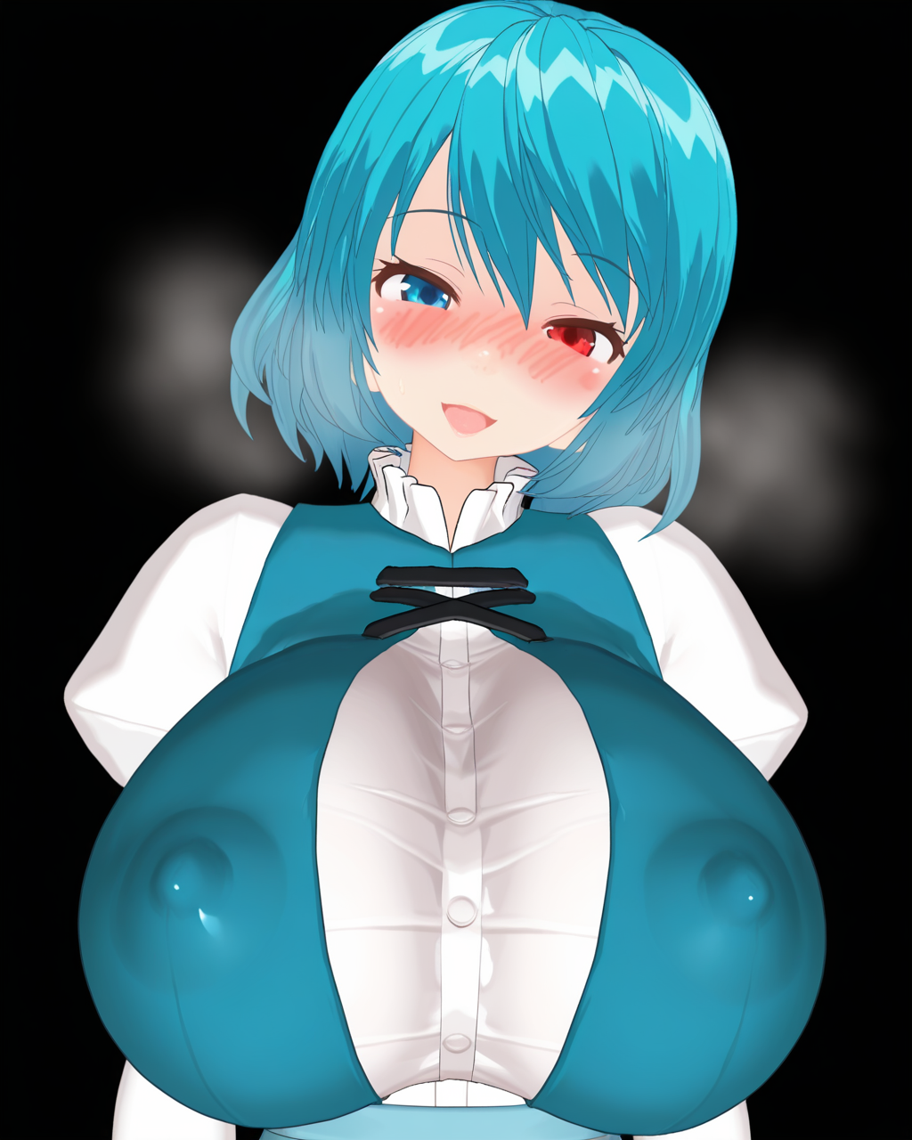 1girl, solo, tatara kogasa,blue hair,heterochromia,blue eyes,red eyes,blue vest,juliet sleeves,white shirt,blue skirt, tabochi, huge breasts, covered nipples. naughty face, tabochi, 3d, blush, steam, smell, steaming body, looking at viewer, upper body, simple background, black background, masterpiece, best quality, very aesthetic, absurdres