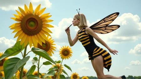 cinematic photo a (25 year old girl:1.5), she has huge bee wings attached to her back and bee antennae attached to her head, she's wearing a( black and yellow:1.2) horizontally striped figure hugging lycra minidress, the dress has a human sized (fuzzy bee abdomen attached sticking out at the butt:1.3)
she has blonde hair in a bob cut, she has a slim figure and long legs, she has medium sized breasts
she's hovering in midair in front of a enormous flower, the flower is bigger than the girl, ready to drink it's nectar through a long straw, the straw is held in her hand with the end (stuck into the flower:1.3)
she's in a meadow of enormous wild flowers,, score_9, score_8_up, score_7_up, hyperdetailed, hyperrealistic, best quality, (masterpiece:1.3),high-definition, intricate details, volumetric lighting, symmetrical face, level eyes, . 35mm photograph, film, bokeh, professional, 4k, highly detailed