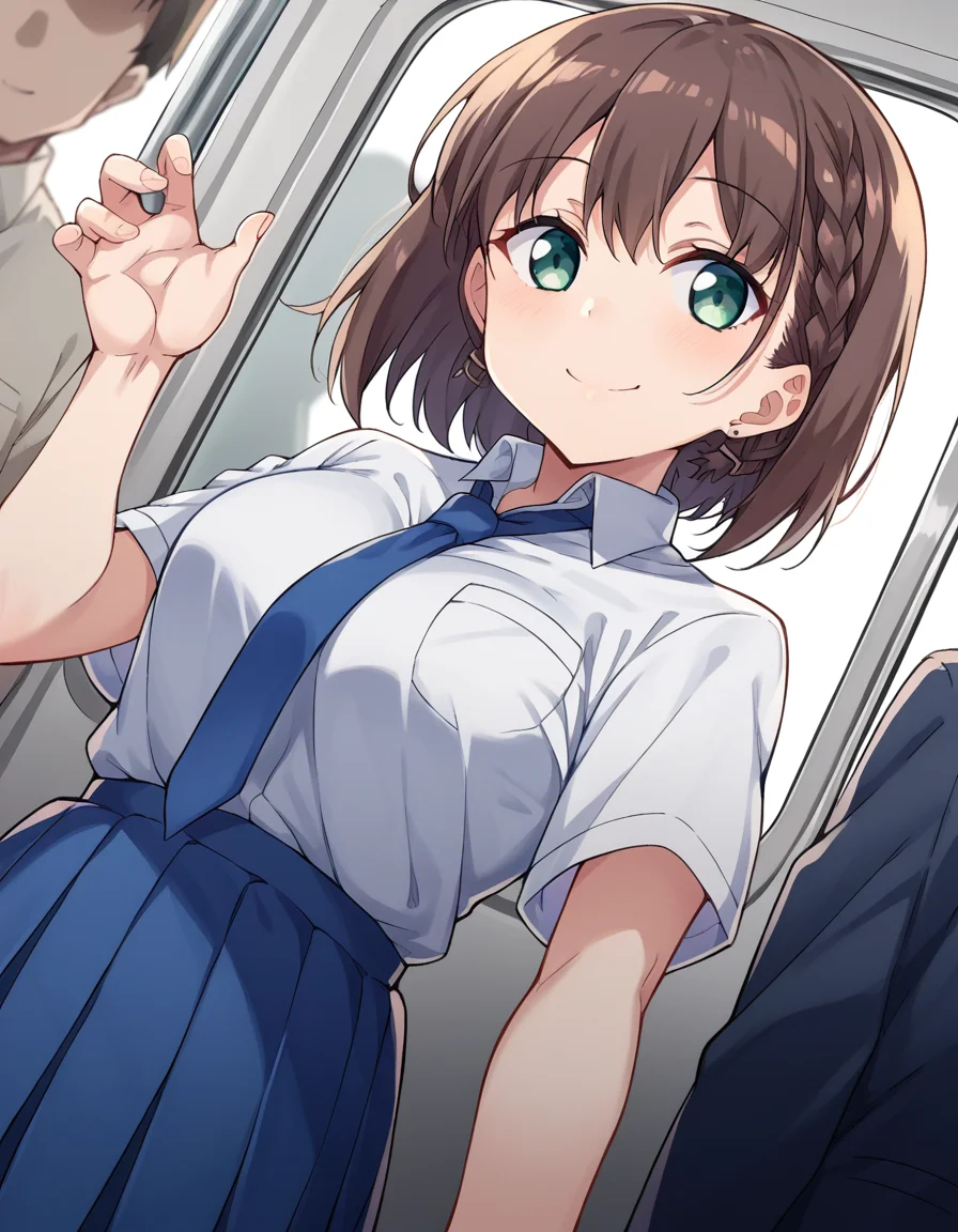 score_9, score_8_up, score_7_up, source_anime,
tawawaai, <lora:tawawa-ai-chan-ponyxl-lora-nochekaiser:1>,
ai, short hair, brown hair, green eyes, braid, side braid, smile,
skirt, shirt, jewelry, school uniform, white shirt, short sleeves, pleated skirt, earrings, necktie, collared shirt, blue skirt, blue necktie,
indoors, train, train interior,
looking at viewer, dutch angle, cowboy shot, dynamic pose,