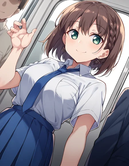score_9, score_8_up, score_7_up, source_anime,
tawawaai, <lora:tawawa-ai-chan-ponyxl-lora-nochekaiser:1>,
ai, short hair, brown hair, green eyes, braid, side braid, smile,
skirt, shirt, jewelry, school uniform, white shirt, short sleeves, pleated skirt, earrings, necktie, collared shirt, blue skirt, blue necktie,
indoors, train, train interior,
looking at viewer, dutch angle, cowboy shot, dynamic pose,
