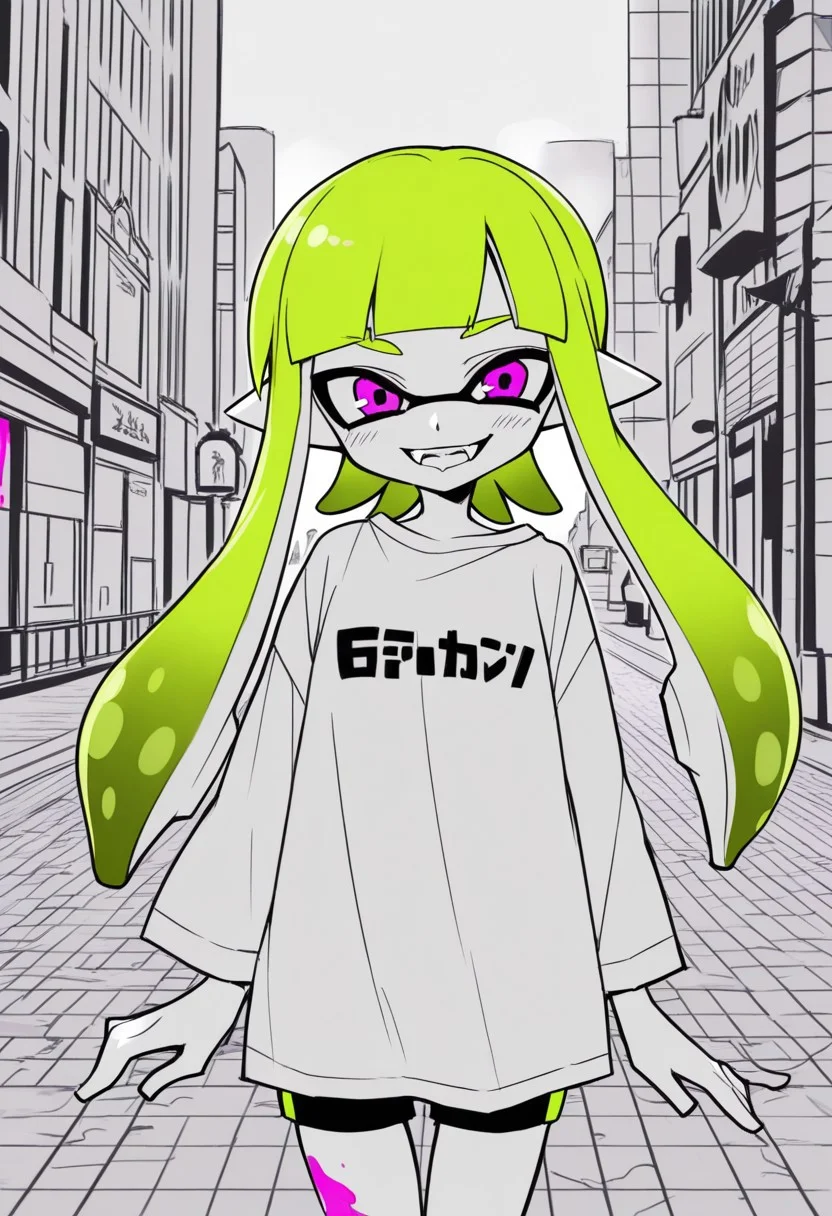 (anapom), 1girl, inkling girl, splatoon (series), looking at viewer, purple eyes, green hair, long hair, pointy ears, fangs, oversized shirt, short shorts, flat chest, smile, teeth, paint splatter, paint on body, city, urban street, spot color