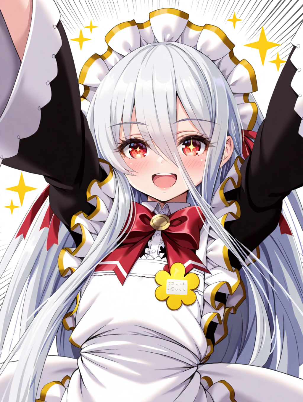 (masterpiece,best quality,ultra_detailed,highres,absurdres:1.2,amazing quality,very aesthetic),<lora:Ruriko_ilxl_v1-000010:0.8>,1girl,solo,long hair,red eyes,emphasis lines,maid headdress,maid,hair between eyes,black dress,very long hair,long sleeves,frilled apron,frills,white apron,bow,red bow,maid apron,sparkle,white hair,looking at viewer,ribbon,sleeves past wrists,spread arms,red ribbon,wide sleeves,white background,blush,bowtie,ruriko\(Hime Jir\),+_+,open mouth,smile,arms up,