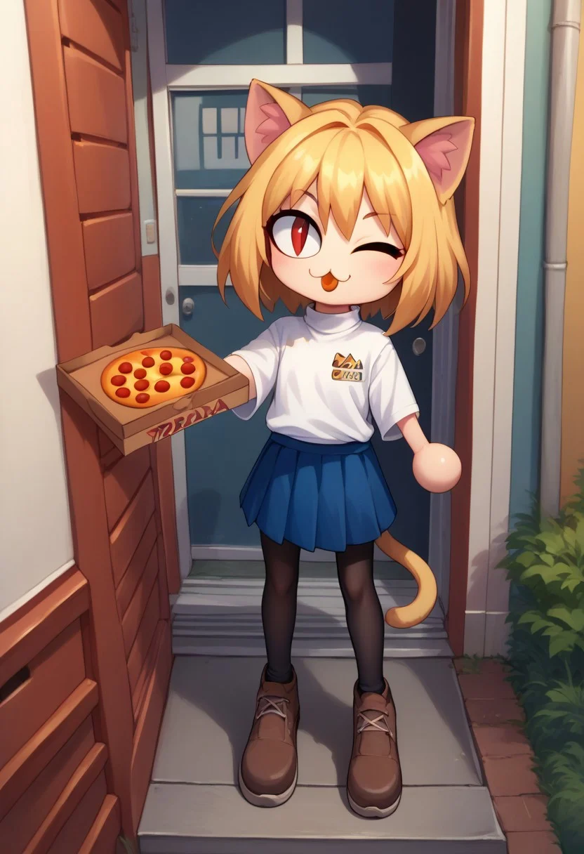 score_9, score_8_up, score_7_up, pizza box, employee uniform, pov, pizza delivery, necoarc, outside, pizza in mouth, blonde hair, red eyes, slit pupils, wink, cat ears, chibi, turtleneck, white shirt, blue skirt, pleated skirt, pantyhose, brown footwear, cat in background