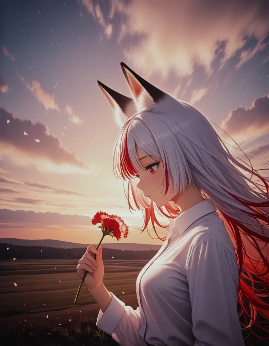 <lora:noobai_ep11_stabilizer_v0.205_fp16:0.8><lora:style_strength_controller_nbep11_v1:0.2><lora:illustriousXLv01_stable_dark_v0.3:0.6>1girl,fox ears,red eyes,white hair,red hair,closed mouth,multicolored hair,upper body,from side,light particles,falling petals,ambient light,sunset,looking down,cloud,holding flower,hand up,depth of field,wind,land,