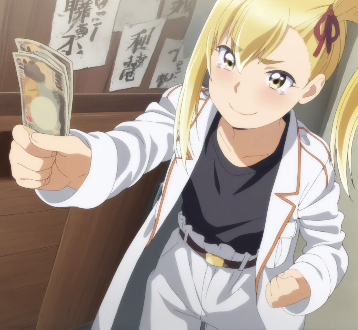 sharp focus, masterpiece, source_anime, (anime_screencap:1.2), absurd res, best quality, BREAK
<lora:Anzu_hinamatsuri_IL_v0.8:1>, anzu_il, 1girl, solo, blonde_hair, right_side_bang, hair_between_eyes, side_ponytail, yellow_eyes, hair_ribbon, white_jacket, long_jacket, black_shirt, belt, white_pants, cowboy shot, holding_paper_money, tears, smile