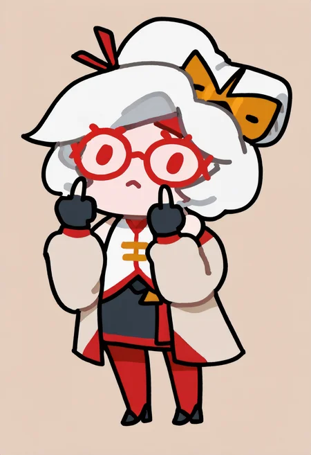 masterpiece, best quality, absurdres, chibi, dot eyes,1girl,prhn11, full body,white hair, red eyes, red-framed glasses, hair sticks, hair ornament, hair bun, sleeveless shirt,white shirt, beige coat, red trim, black skirt, red pantyhose, black gloves,black footwear,high heels,middle finger <lora:style_walfie_illustriousXL-GLoRA:1> <lora:prah_n11:0.8>