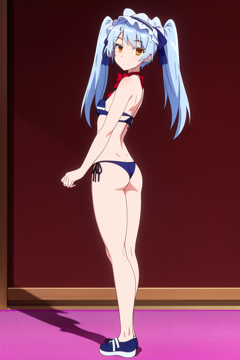 (masterpiece, best quality, high quality, highres, ultra-detailed),shape image, 1girl,solo,ass,(bottomless:1.3),,dance pose,full body,twintails,Mary Janes shoe, looking at viewer,  long hair, brown eyes, (Leen's  bule bikini), <lora:leen_trian3:0.9>,red bow tie,library background ,