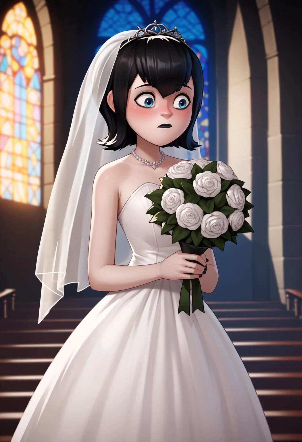 score_9, score_8_up, score_7_up, BREAK,
1girl, mavis, black hair, bangs, blue eyes, black lips,
blush, wedding dress, white dress, long dress, night, church, dark, holding bouquet, <lora:MavisPDXL_byKonan:1>