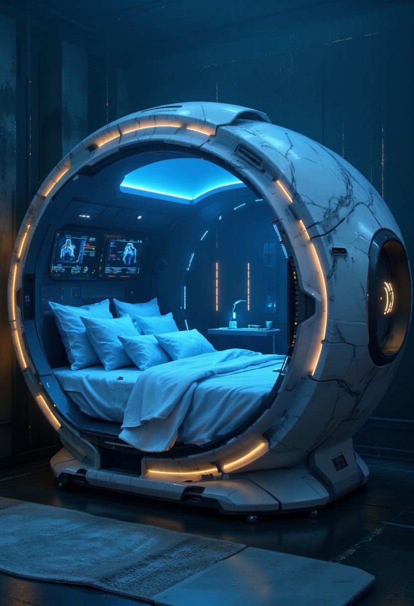 A breathtaking, hyper-detailed masterpiece of a futuristic gaming pod, rendered in HD 8K quality. The pod features a sleek, polished marble finish with soft, glowing neon accents in hues of blue and gold, seamlessly integrated into the design. The interior is luxurious and minimalistic, designed for both gaming and sleep, with smooth contours and a futuristic aesthetic. The console is embedded with subtle, glowing details that enhance the high-tech feel without disrupting the elegance. The background is dimly lit with a faint cyberpunk glow, emphasizing the pod's beauty and cutting-edge functionality in a serene, epic setting
