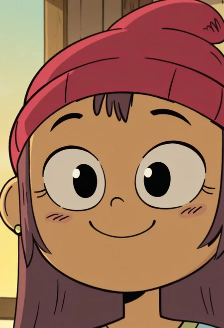 masterpiece, best quality, amazing quality, Lily Pak, solo, 1girl, black eyes, long dark brown hair, specks on cheeks, red beanie, long sleeved cyan shirt, green earrings, bara, close-up, smile