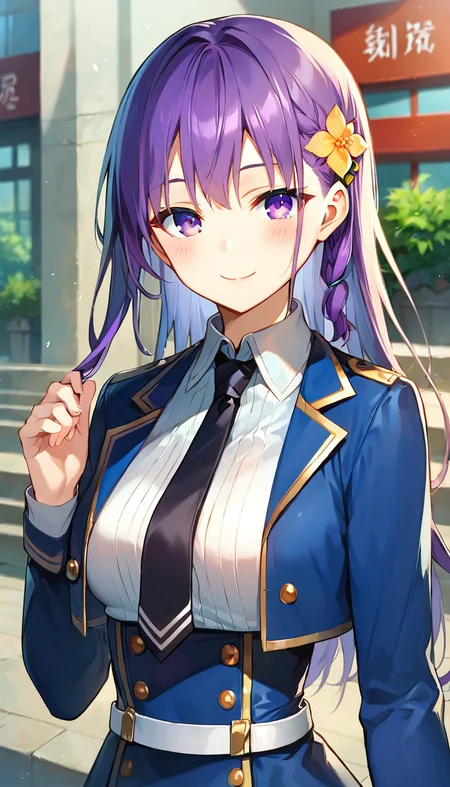 score_9,score_8_up,score_7_up,score_6_up BREAK official art,solo,outdoors,cowboy shot,upper body,(portrait:1.5),looking at viewer,facing viewer,smile,blush,Elfine Phillet,long hair,purple hair,side braid,hair ornament,hair flower,sidelocks,bangs,purple eyes,blue jacket,cropped jacket,open jacket,wing collar,black necktie,white shirt,collared shirt,dress shirt,long sleeves,medium breasts,double-breasted,white belt,blue skirt,high-waist skirt,pleated skirt,frilled skirt,brown pantyhose,loafers,black footwear,<lora:Elfine Phillet(sgmt)-Pony:1.2>,