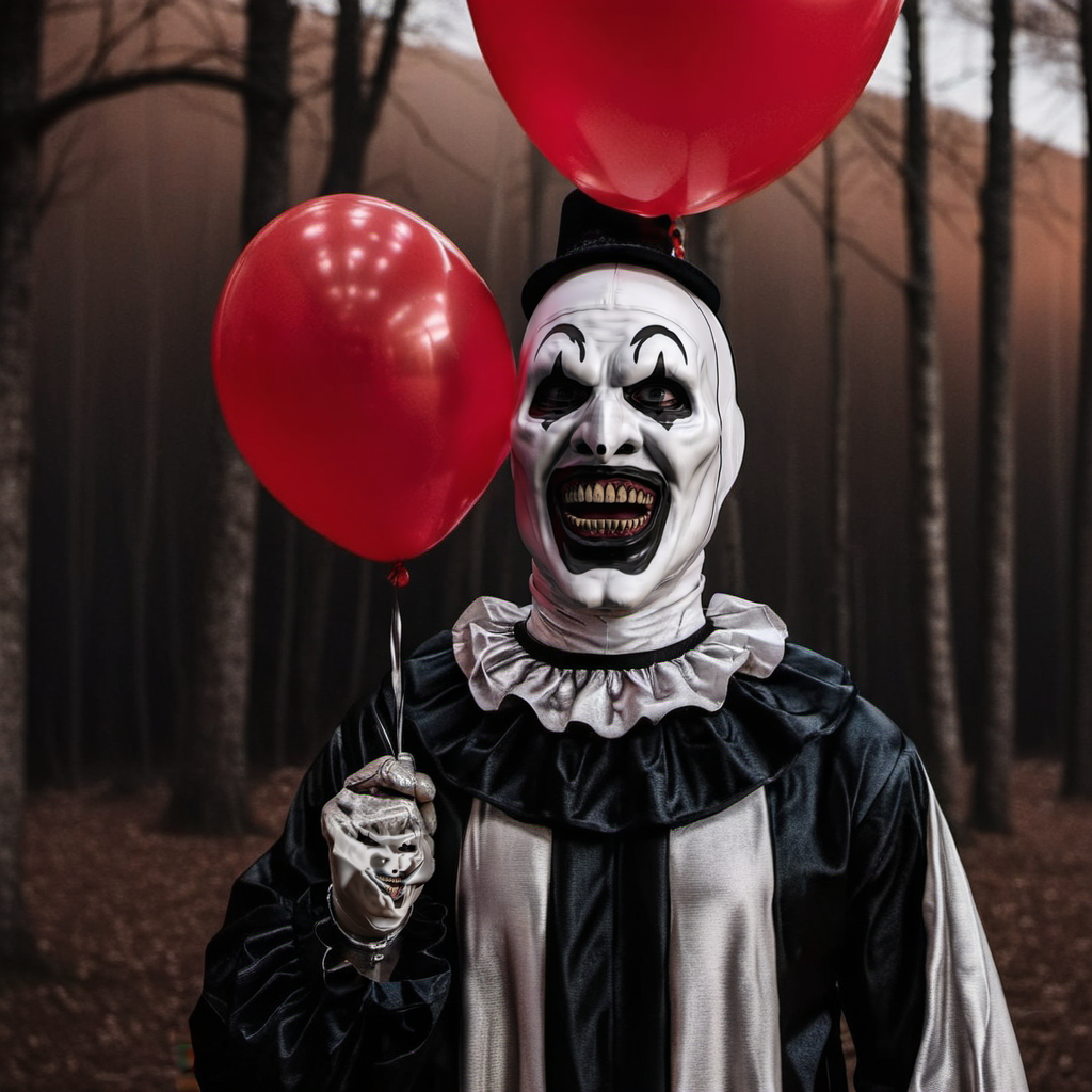 cinematic photo a scary clown holds balloons, kids afraid are screaming  <lora:Art1024:0.8> . 35mm photograph, film, bokeh, professional, 4k, highly detailed
