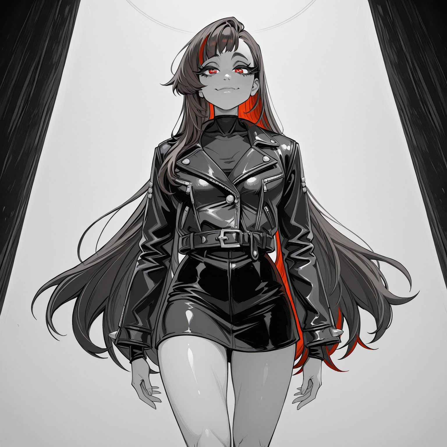 greyscale,monochrome,mcglam,1girl,solo,standing,long hair,brown hair,Red streaks, asimmetrical hair,Red eyes,eyelashes,smug,leather jacket,legs,anime girl,big eyes,black shirt,very long hair