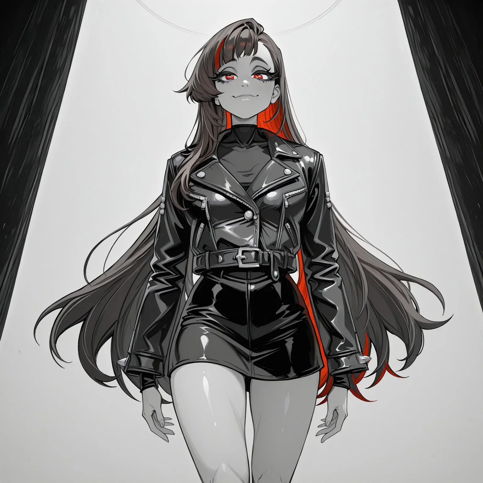 greyscale,monochrome,mcglam,1girl,solo,standing,long hair,brown hair,Red streaks, asimmetrical hair,Red eyes,eyelashes,smug,leather jacket,legs,anime girl,big eyes,black shirt,very long hair