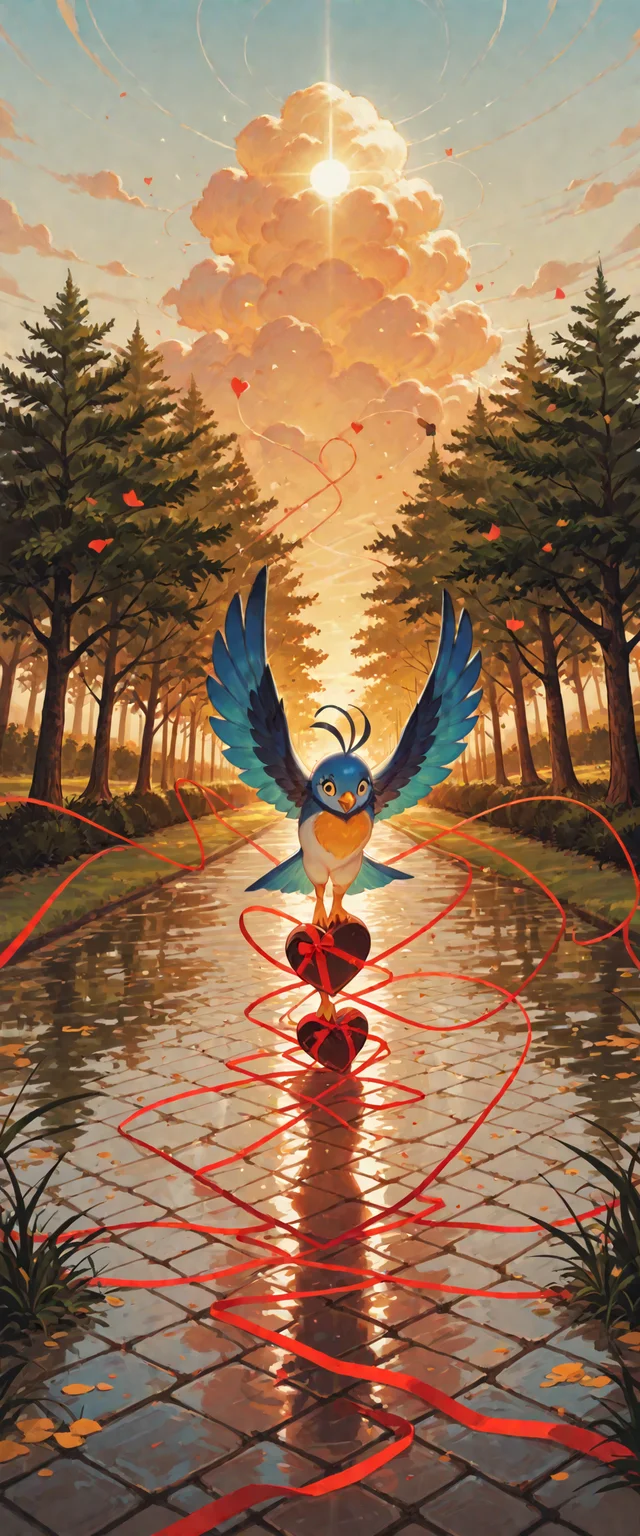 artist:softmode, cutie bird, park, masterpiece, best quality, amazing quality, very aesthetic, absurdres, newest,
valentine's gift, golden hour glow,