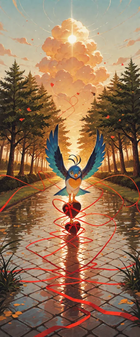 artist:softmode, cutie bird, park, masterpiece, best quality, amazing quality, very aesthetic, absurdres, newest, 
valentine's gift, golden hour glow,