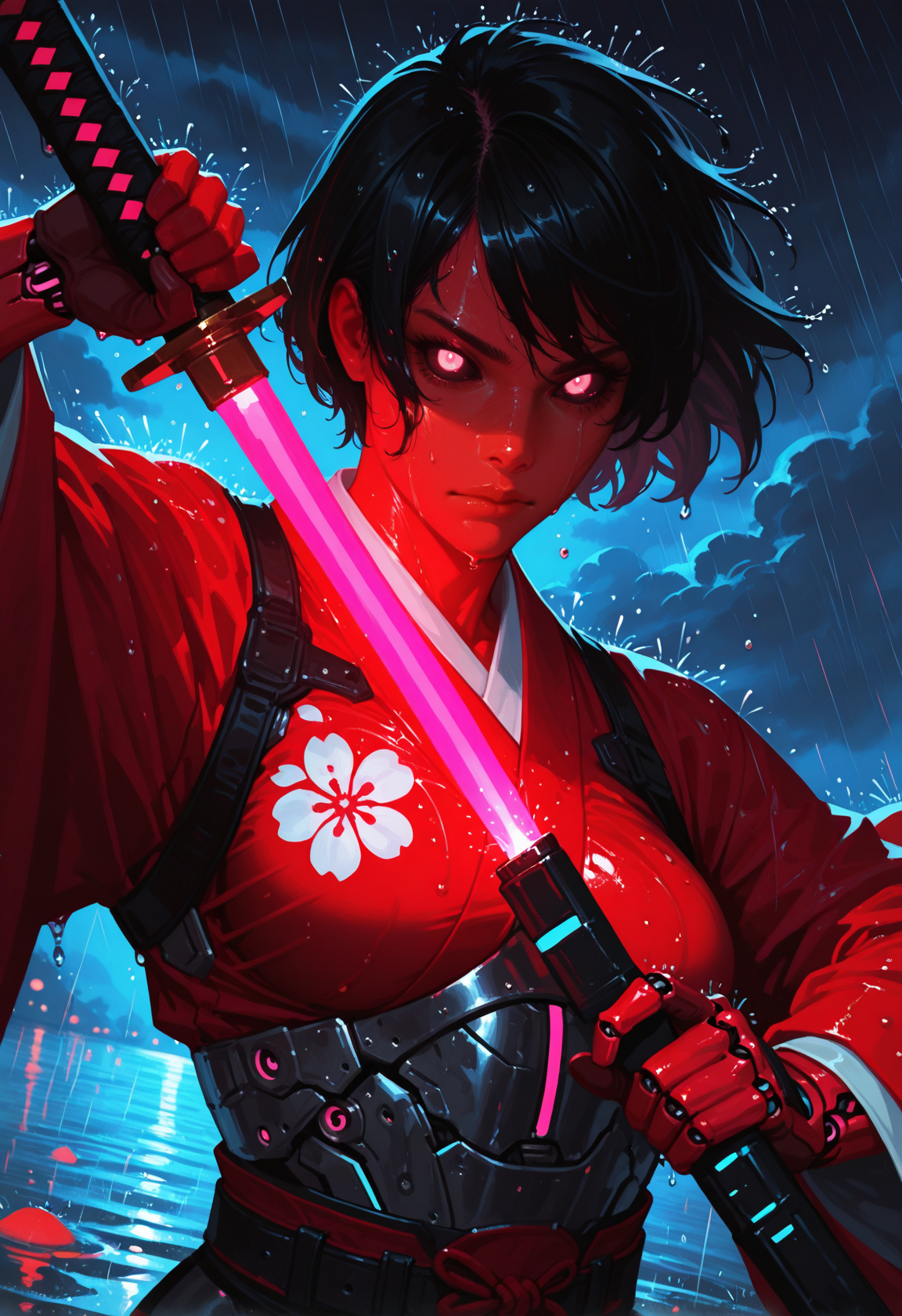 1girl, solo, weapon, sword, rain, blue energy sword, glowing, cyborg, glowing eyes, lightsaber, black hair, science fiction, colored skin, wet, looking at viewer, holding, upper body, pink eyes, closed mouth, belt, holding weapon, outdoors, red eyes, lips, , water, holding sword, short hair, , white eyes, colored sclera, armor, red skin, red  japanese clothes, floral print, cloud, katana, night, solo, fighting stance,  light , unsheathing, ,, masterwork, masterpiece, best quality, dynamic lighting , dynamic pose,,  dynamic angle, , , (realistic:1.2), (lineless:1.2), detailed,  , aged up, adult, depth of field, dynamic lighting, blurry, cheekbones,