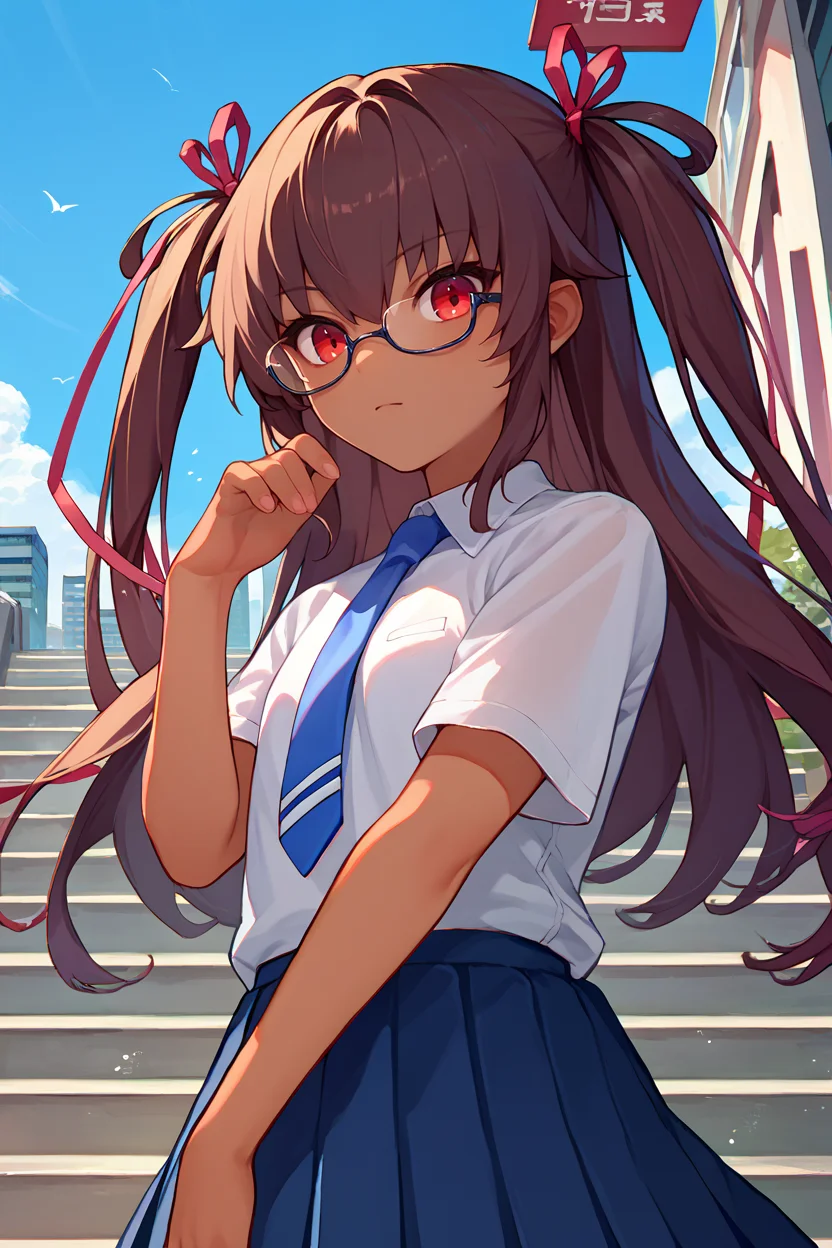 score_9, score_8_up, score_7_up, score_6_up, source_anime, 1girl, solo <lora:mizukiyukikaze-pdxl-nvwls-v1-000005:1> defyuki, tan, brown hair, red eyes, two side up, long hair, hair ribbon, white shirt, short sleeves, blue necktie, blue skirt, pleated skirt, looking at you, blue sky, glasses, city, looking at you, stairs