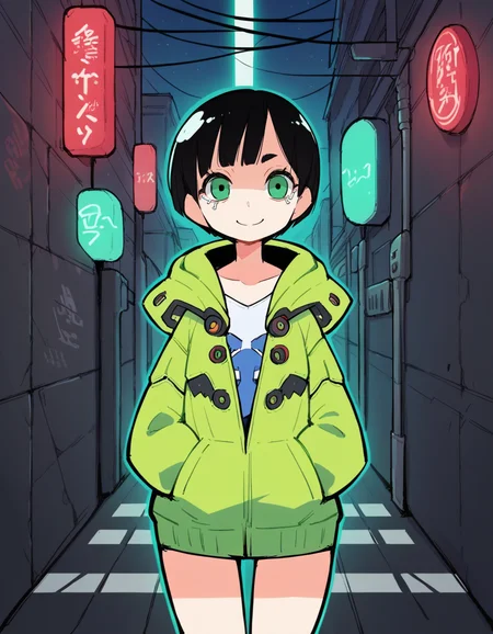 score_9, score_8_up, score_7_up, score_6_up, score_5_up, score_4_up, source_anime, BREAK <lora:Eiken3kyuboy_Artist_Style_ponyXL-000018:1> 1girl, smile, adorable face ,green eyes , hacker,cowboy shot, cyberpunk, scifi hooded jacket, neon lights,in a alleyway , short hair, black hair, cables in the background , glowing signs,