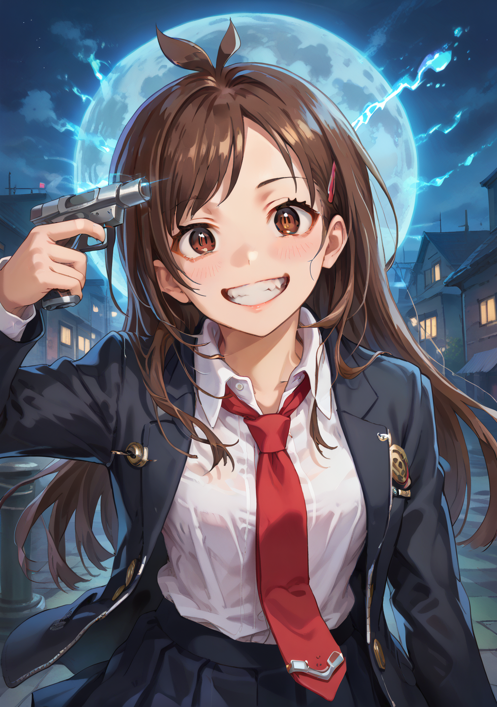 score_9, score_8_up, score_7_up, source_anime,high detail,detailed face,1girl,tsujino akari, brown hair, long hair, brown eyes,ahoge,<lora:Tsujino_Akari:0.6>,long sleeves, school uniform, black jacket, white shirt, pleated skirt, necktie, hairclip,collared shirt,dark, night,,moon,(crazy:1.2),grin,
BREAK p3summon,blue aura, glowing pupils,half-closed eyes, <lora:p3summon.pony:0.8>,