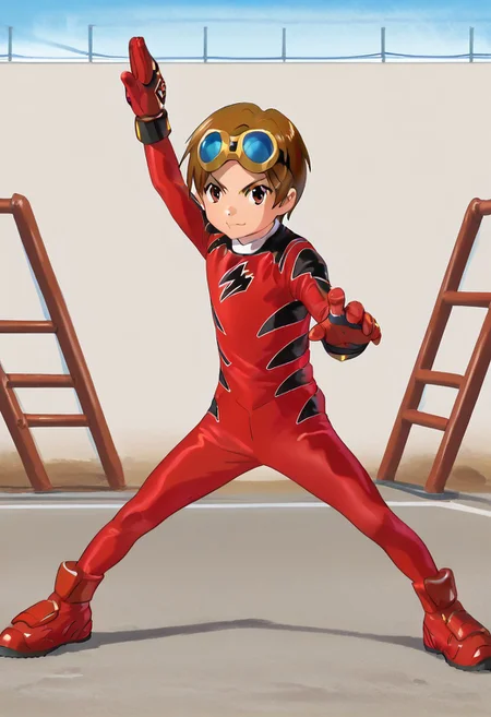 score_9, score_8_up, score_7_up, zPDXL2, 
1boy, solo, goggles on head, brown hair, 
,standing on playground,henshin pose,
geki red, red bodysuit, black markings,   red gloves, red boots,