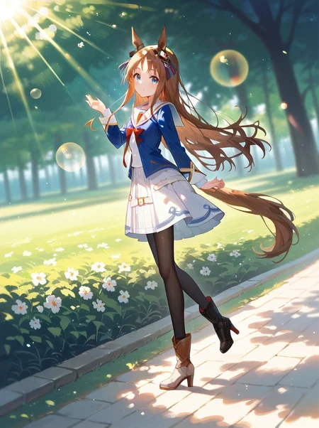 score_9, score_8_up, score_7_up, rating_safe, masterpiece, best quality, absurdres, unity 8k wallpaper, official art, official style, source_anime,
grass wonder \(umamusume\), 1girl, horse ears, horse tail, brown pantyhose, full body, looking at viewer, high heel boots, asymmetrical footwear, mismatched footwear, white dress, white skirt, white sailor collar, blue jacket, long sleeves, black footwear, cream footwear, two-tone ear ornament
cowboy shot,light rays,lens flare,light particles,beautiful detailed eyes,outdoor,
motion blur, lens flare,outdoors,
 <lora:pony_grass_wonder_v1.01:0.85>
