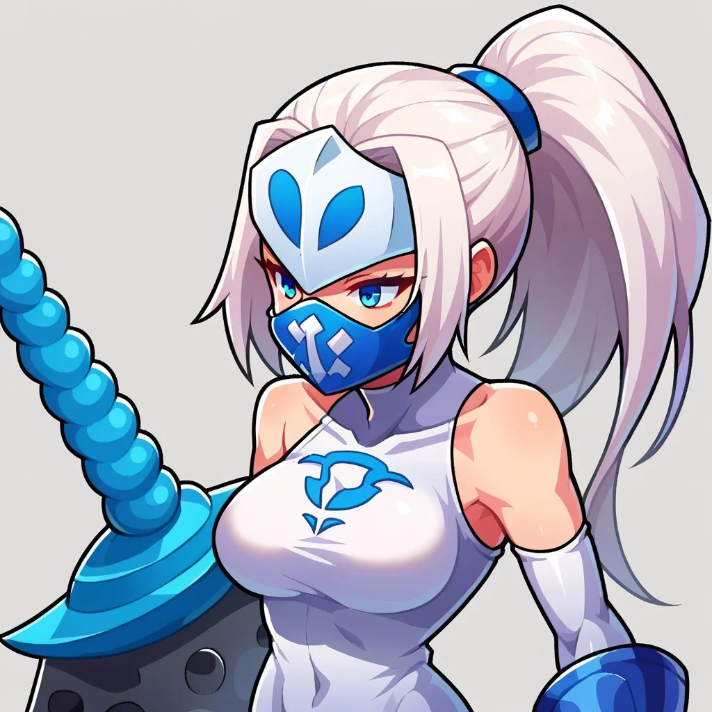 score_9, score_8_up, WakfuMMOArt, medium shot, half body, upper body, cartoony, 2d, highres, 1girl, solo, long hair, white bodysuit, white hair, blue eyes, weapon, white mask, lower face mask, ponytail, simple background, breasts, bare shoulders, white unitard, daggers, floating daggers, blue bones printing, blue skull helmet, Sram, assasin, sneaky, tight bodysuit,