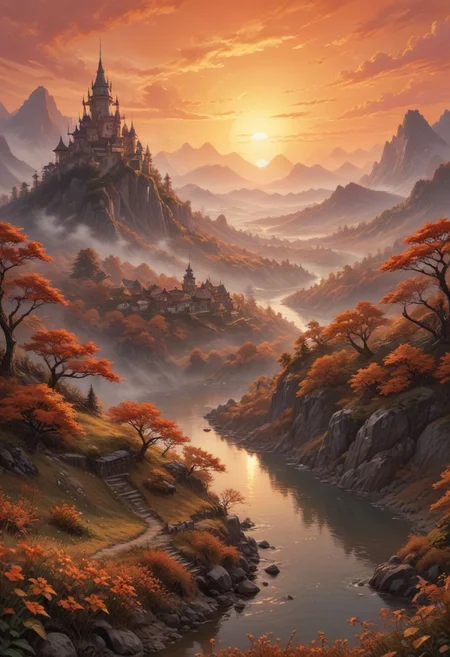fairytale landscape, rising sun, orange colors, many details, <lora:more_details:1>, <lora:CyberBeautyV30: 0.4>, <lora:OC:0.6>,