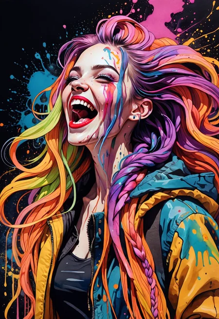 Ink illustration, a beautiful woman painted on wall with light, full body, villainess, maniacally laughing with mouth open wide, wind, stunning beauty, soft light, colorful  hair, punk, wearing a parka, bold line art, glowing lips, lips closed, light smile, natural style, braids, absurdly long hair flowing around,  neon colors, detailled iris, , detailled eyes, ink stains, ink splatters, ink runs, ink spots, faded ink linquivera